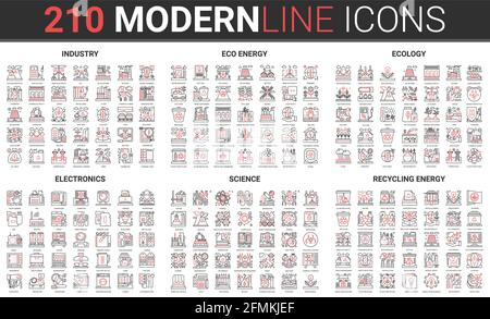 Recycling eco energy, industry green technology to save ecology environment thin red black line icon vector illustration set. Linear electronics wireless devices, science problem research, smart home Stock Vector