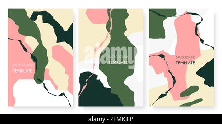 Contemporary abstract minimalistic pattern with stripes, cracks shapes vector illustration set. Trendy minimal abstraction collage for art wall design, vertical fashion modern template background Stock Vector