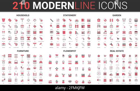 Household garden work tools, office home stationery and furniture, real estate thin red black line icon vector illustration set. Outline symbols for gardening, flower plant pot, clean home collection Stock Vector