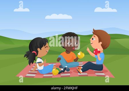 Children at picnic in summer nature landscape vector illustration. Cartoon funny happy boy girl child characters sitting on blanket together, eating apples fruits, cute kids picnicking background Stock Vector