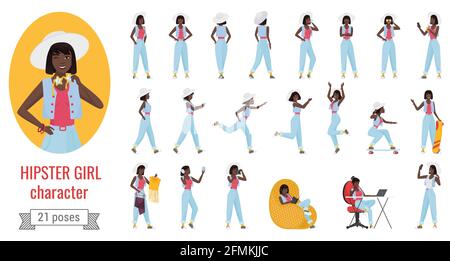 Girl in jeans and hat poses infographic vector illustration set. Cartoon young woman hipster character with various postures and emotions, posing running standing walking working isolated on white Stock Vector