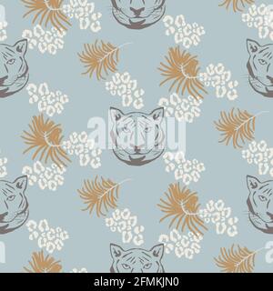 Tiger head seamless vector pattern. Silhouette wild cat animal blue background for print Stock Vector