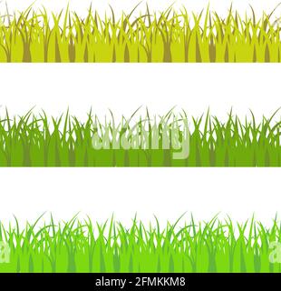 Vector set of 3 different colors seamless pattern grass. Light green, dark green, and yellow savannah style color grass props decor. Stock Vector
