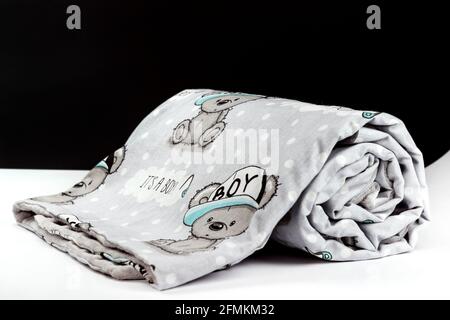 Sweet and cute grey baby blanket with a pattern It's a boy Stock Photo