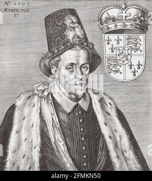 James VI and I, 1566 – 1625. King of Scotland as James VI from 24 July 1567 and King of England and Ireland as James I from 24 March 1603 - 1625.  After an early 17th century engraving.
