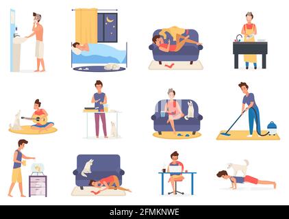 Busy man everyday lifestyle vector illustration set. Cartoon morning afternoon evening and night home life activity of young male character, guy using phone, laptop for communication and work, cooking Stock Vector
