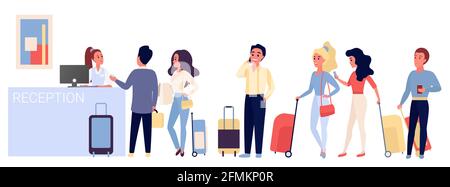 People staying and waiting in long queue at counter reception vector illustration Stock Vector