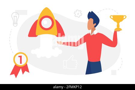 People launch rocket, success business startup concept vector illustration. Cartoon successful businessman character work, launching spaceship project, man holding gold trophy prize isolated on white Stock Vector