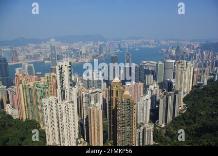 Aerial shot looking down on Causeway Bay towards Kowloon, Hong Kong, China, Asia Stock Photo