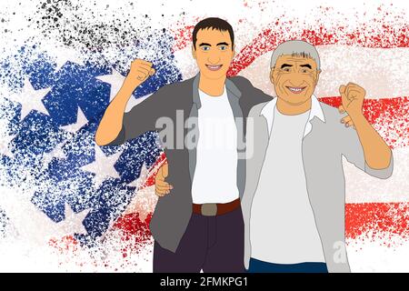 family on the background of the flag of america Stock Photo