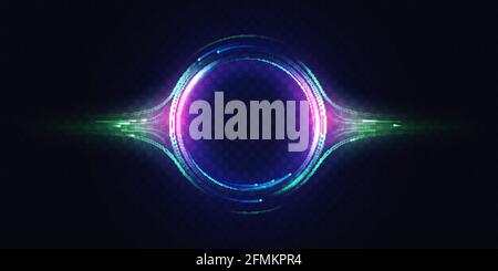 Neon luminous circle, light effect vector illustration. Glow of circular round element, abstract radial motion lines, swirl flare, particles and bright energy rays on dark transparent background Stock Vector