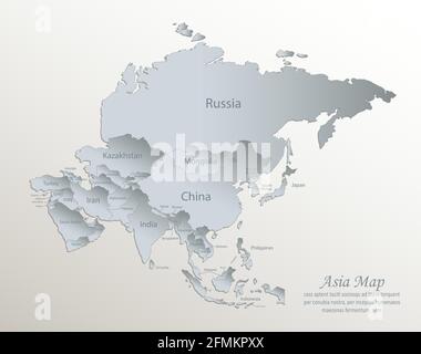 Asia map, separate states with names, white blue card paper 3D vector Stock Vector