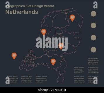 Infographics Netherlands map outline, flat design, color blue orange vector Stock Vector