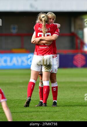 Crawley, UK. 09th May, 2021. Bristol City players console each other following their relegation from the WSL after the FA Women's Super League match between Brighton & Hove Albion Women and Bristol City Women at The People's Pension Stadium on May 9th 2021 in Crawley, United Kingdom. (Photo by Jeff Mood/phcimages.com) Credit: PHC Images/Alamy Live News Stock Photo