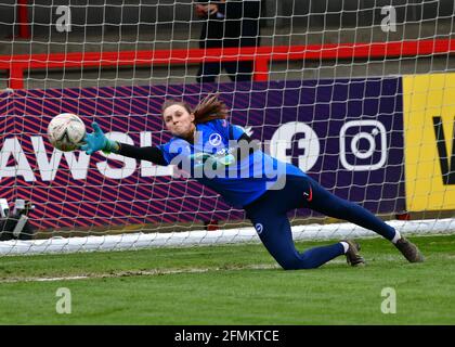 Crawley, UK. 09th May, 2021. Megan Walsh Goalkeeper of Brighton and Hove Albion warms up before the FA Women's Super League match between Brighton & Hove Albion Women and Bristol City Women at The People's Pension Stadium on May 9th 2021 in Crawley, United Kingdom. (Photo by Jeff Mood/phcimages.com) Credit: PHC Images/Alamy Live News Stock Photo