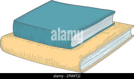 Vertical stack of old historical books in hardbacks with bookmarks isolated on white background. Pile of ancient textbooks for reading. Colored hand Stock Vector