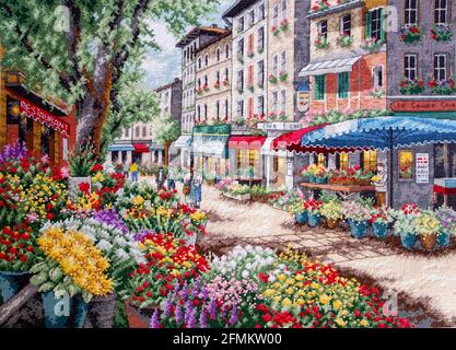 Tambov, Russian Federation - August 18, 2013 Paris Market. Embroidered picture. Designer- Dimensions Cross Stitch Kits 35256. Picture is embroidered b Stock Photo