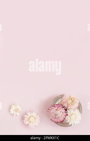 Floral flat lay greeting card with copy space. Stock Photo