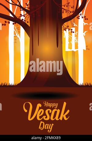 Buddha purnima vector illustration design. Buddha sitting under Bodhi tree. Painting with happy Wesak day lettering Stock Vector