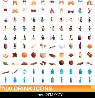100 drink icons set. Cartoon illustration of 100 drink icons vector set isolated on white background Stock Vector
