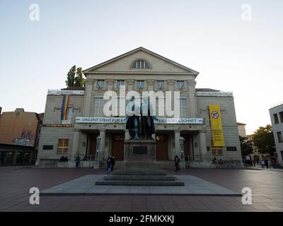 Closeup view of sculpture monument statue of Johann Wolfgang Goethe and Friedrich Schiller in front of German National Theatre in Weimar Thuringia Ger Stock Photo