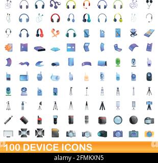 100 device icons set. Cartoon illustration of 100 device icons vector set isolated on white background Stock Vector