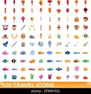 100 travel icons set. Cartoon illustration of 100 travel icons vector set isolated on white background Stock Vector