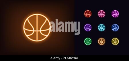 Neon basket ball icon. Glowing neon basketball sign, outline ball pictogram in vivid color. Online game, sport match, tournament, live broadcast and s Stock Vector