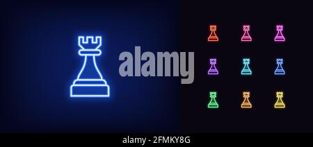 Neon chessmen rook icon. Glowing neon rook sign, outline chess piece, tower silhouette in vivid colors. Online chess game, strategy tactics on chessbo Stock Vector