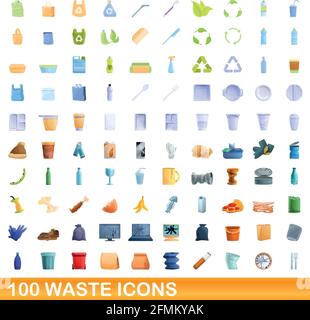 100 waste icons set. Cartoon illustration of 100 waste icons vector set isolated on white background Stock Vector