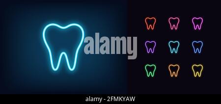 Neon tooth icon. Glowing neon tooth sign, outline dentist pictogram in vivid color. Oral health care, teeth diagnostics, check and treatment teeth, st Stock Vector