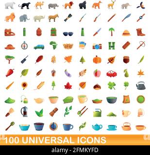 100 universal icons set. Cartoon illustration of 100 universal icons vector set isolated on white background Stock Vector