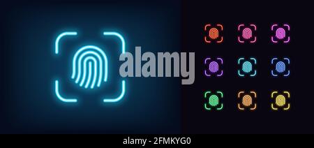 Neon fingerprint scanner icon. Glowing neon thumbprint sign, outline finger print recognition and identify pictogram. Personal biometric data, identif Stock Vector