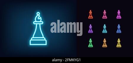 Neon chessmen bishop icon. Glowing neon bishop sign, outline chess piece and silhouette in vivid colors. Online chess game, strategy tactics on chessb Stock Vector