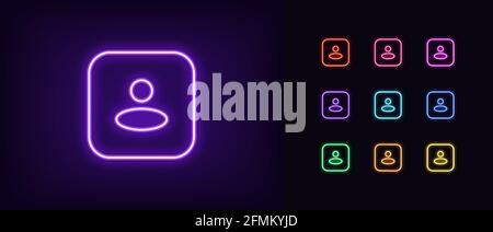 Neon user avatar icon. Glowing neon person sign, outline square avatar pictogram in vivid color. Anonymous user, online consultant and helper, web sup Stock Vector