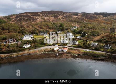 Aerial view of Tarbert Castle and village, Kintyre Peninsula, Argyll, Scotland. Stock Photo