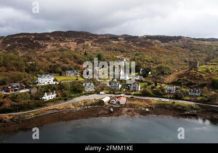 Aerial view of Tarbert Castle and village, Kintyre Peninsula, Argyll, Scotland. Stock Photo