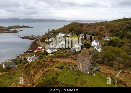 Aerial view of Tarbert castle, Tarbert, Kintyre peninsula, Argyll, Scotland. Stock Photo