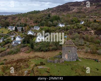 Aerial view of Tarbert castle, Tarbert, Kintyre peninsula, Argyll, Scotland. Stock Photo