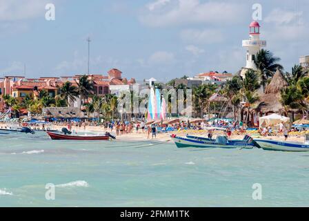 Panoramic view of the beach, buildings, and old lighthouse in Playa del Carmen, Riviera Maya, Mexico Stock Photo
