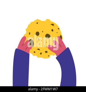 Hands holding the moon. Vector flat color illustration. Funny design for poster, postcard, sticker. Stock Vector