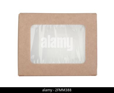 Rectangular cardboard box with transparent lid isolated on white. Top view. Stock Photo