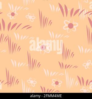Seamless abstract illustration. Meadow grass and flowers background. Cartoon flat style. vector Stock Vector