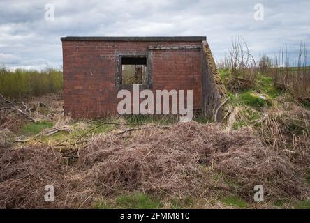 Side view of old WW2 rifle range at Craigs Moss, Dumfries, Scotland, showing earth banked up on one side and decayed vegetation. Stock Photo