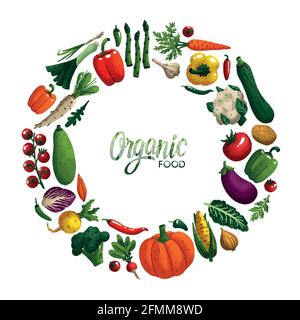 Round shape frame with Vegetables. Variety of decorative vegetables with grain texture isolated on white. Organic food round composition for Stock Vector