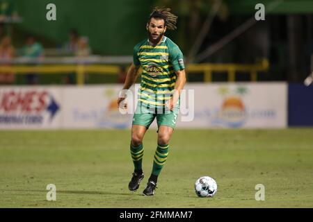 St. Petersburg, United States. 26th Apr, 2022. St. Petersburg, FL: Tampa  Bay Rowdies midfielder Forrest Lasso (3) heads the ball during the third  round game of the U.S. Open Cup against the