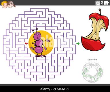 Cartoon illustration of educational maze puzzle game for children with ant and apple core Stock Vector