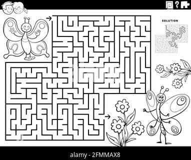 Black and white cartoon illustration of educational maze puzzle game for children with butterflies insect characters and flowers coloring book page Stock Vector