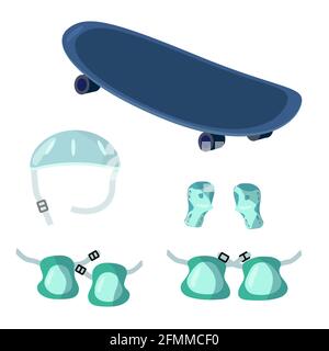 Set of seitboard riding elements. skate, helmet, protective gloves, knee pads, elbow pads. Vector illustration in cartoon style. Set of seitboard ridi Stock Vector