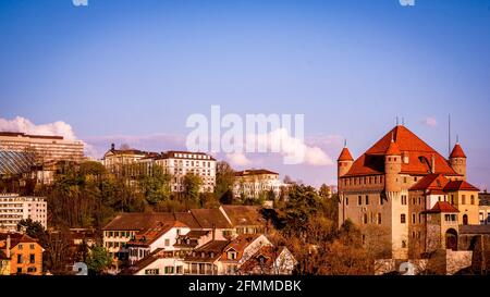 City of Lausanne. Cityscape image of downtown Lausanne, Switzerland in sunset. Tranquil scene. Stock Photo